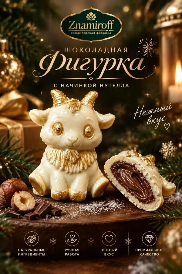 №1 Шоколад фигурный "Мультяшный козлик" белый шоколад с начинкой нутелла(блок 5шт по 70г) в Октябрьске